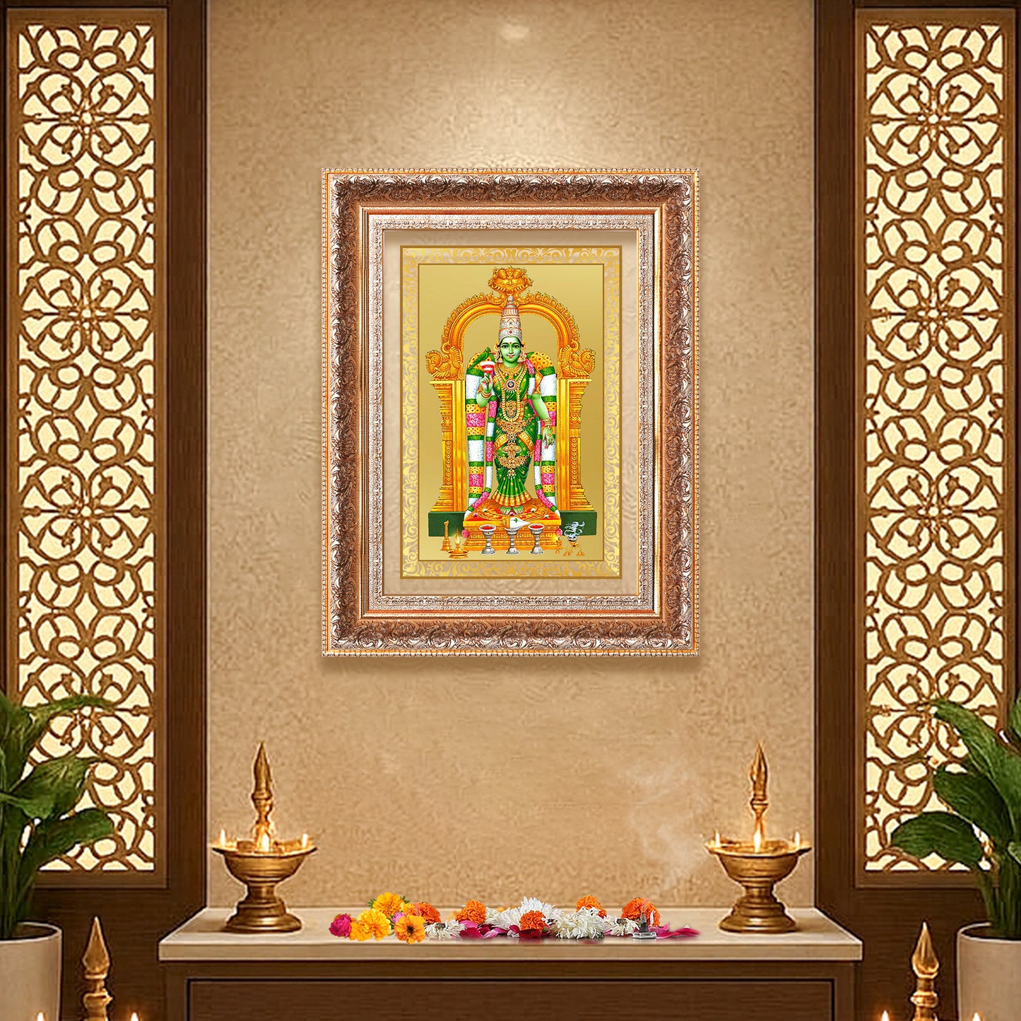 Goddess Meenakshi | Divine Warrior Goddess of Madurai Wall Photo Frame in 24K Gold Plated Foil