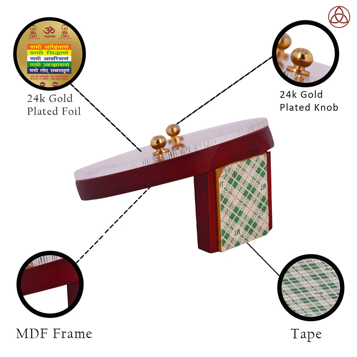 Namokar Mantra Car Dashboard & Tabletop Photo Frame showcasing 24K gold plated foil and intricate MDF design.