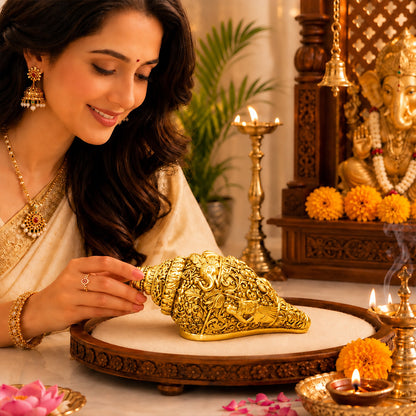 24K Gold-Plated Ganesha Shankh | Premium Gift Box | 14x8 CM
