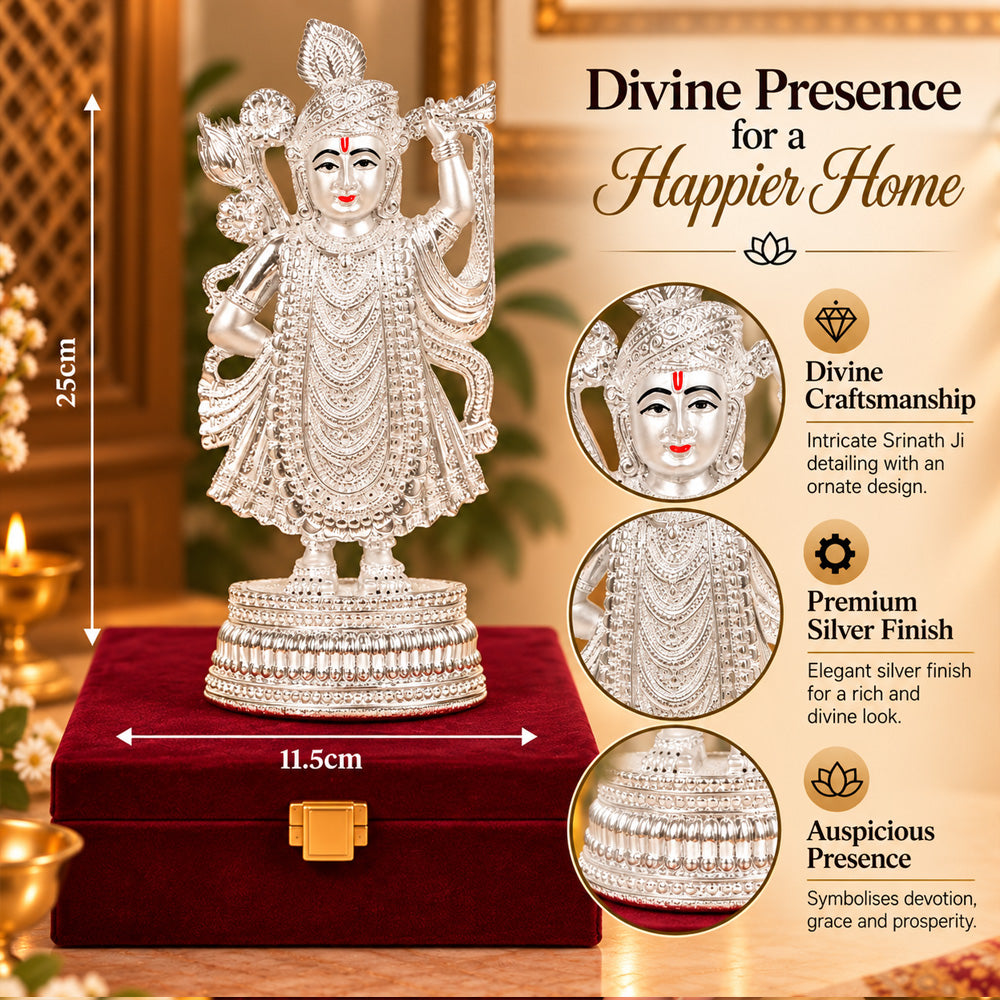 999 Silver-Plated Shrinath Ji Idol | Premium Gift Box | 25x11.5 CM