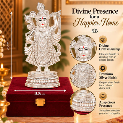999 Silver-Plated Shrinath Ji Idol | Premium Gift Box | 25x11.5 CM