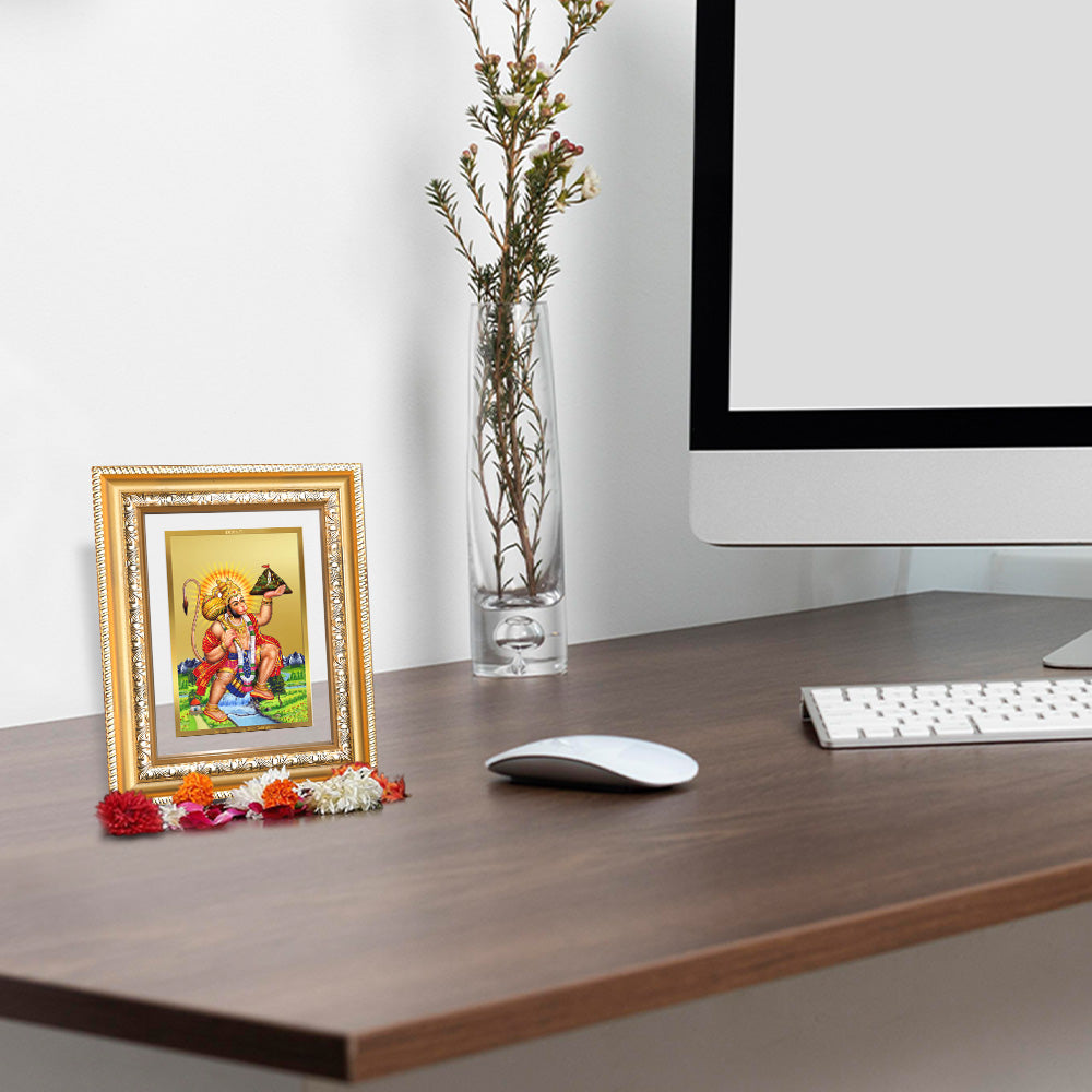 Diviniti 24K Gold Plated Hanuman With Mountain (Classic) Divine Wall and Table Top Frame for Home Mandir & Office Decor | Luxury Spiritual Gift