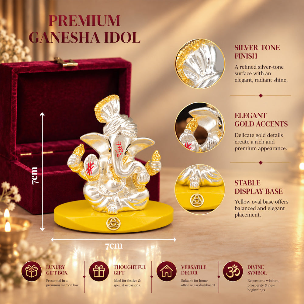 999 Silver-Plated Pagdi Ganesha Idol | Car & Home Décor | Gift Box | 7x7 CM