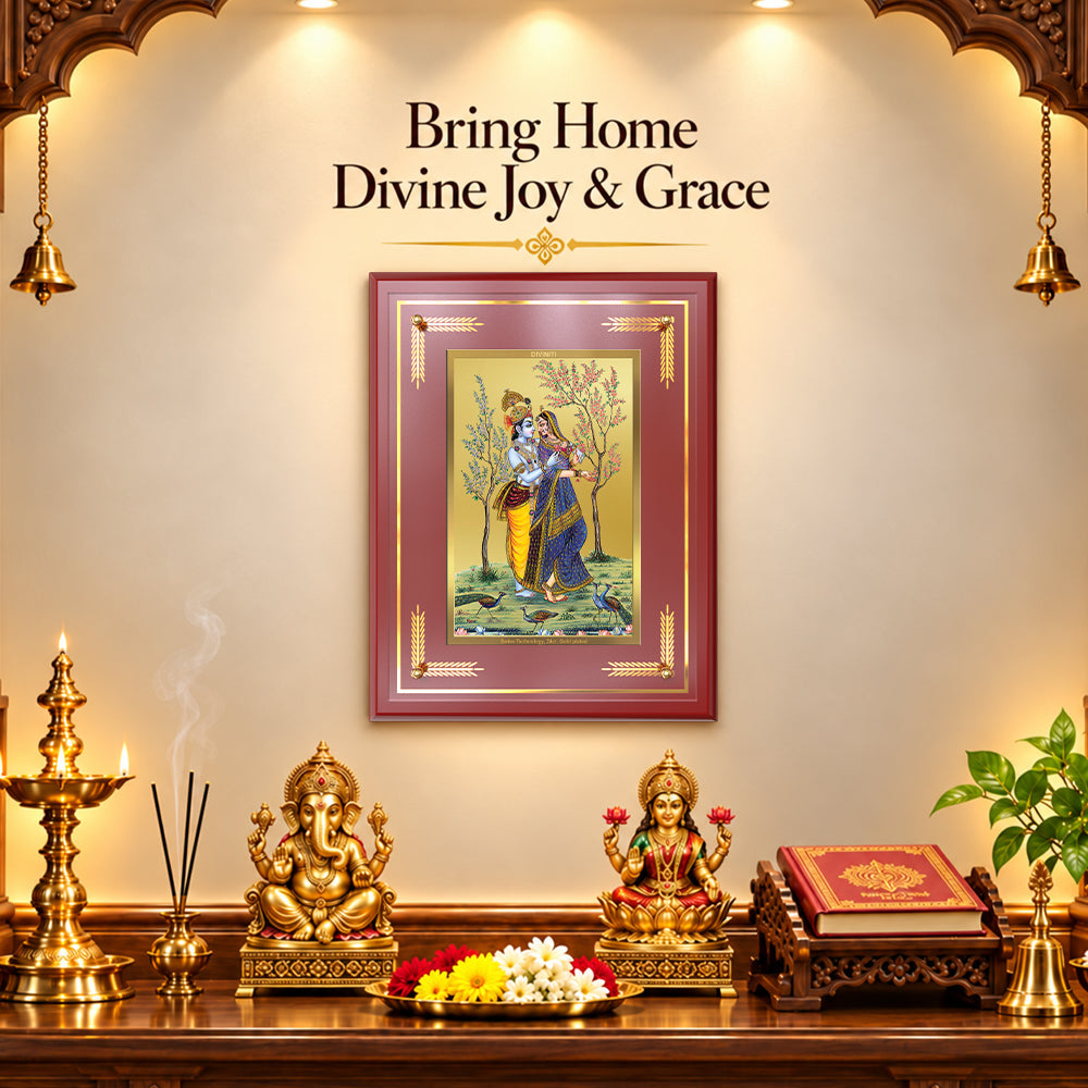 24K Gold-Plated Radha Krishna with Peacock MDF Frame | Premium Gift Box | 27x35 CM