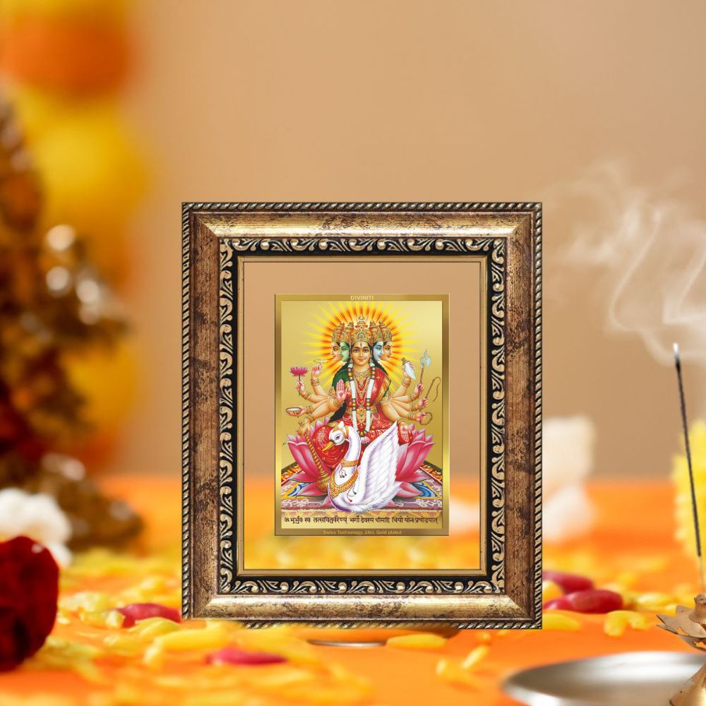 Diviniti 24K Gold Plated Gayatri Maa Divine Table Top Frame for Home Mandir & Office Decor | Luxury Spiritual Gift