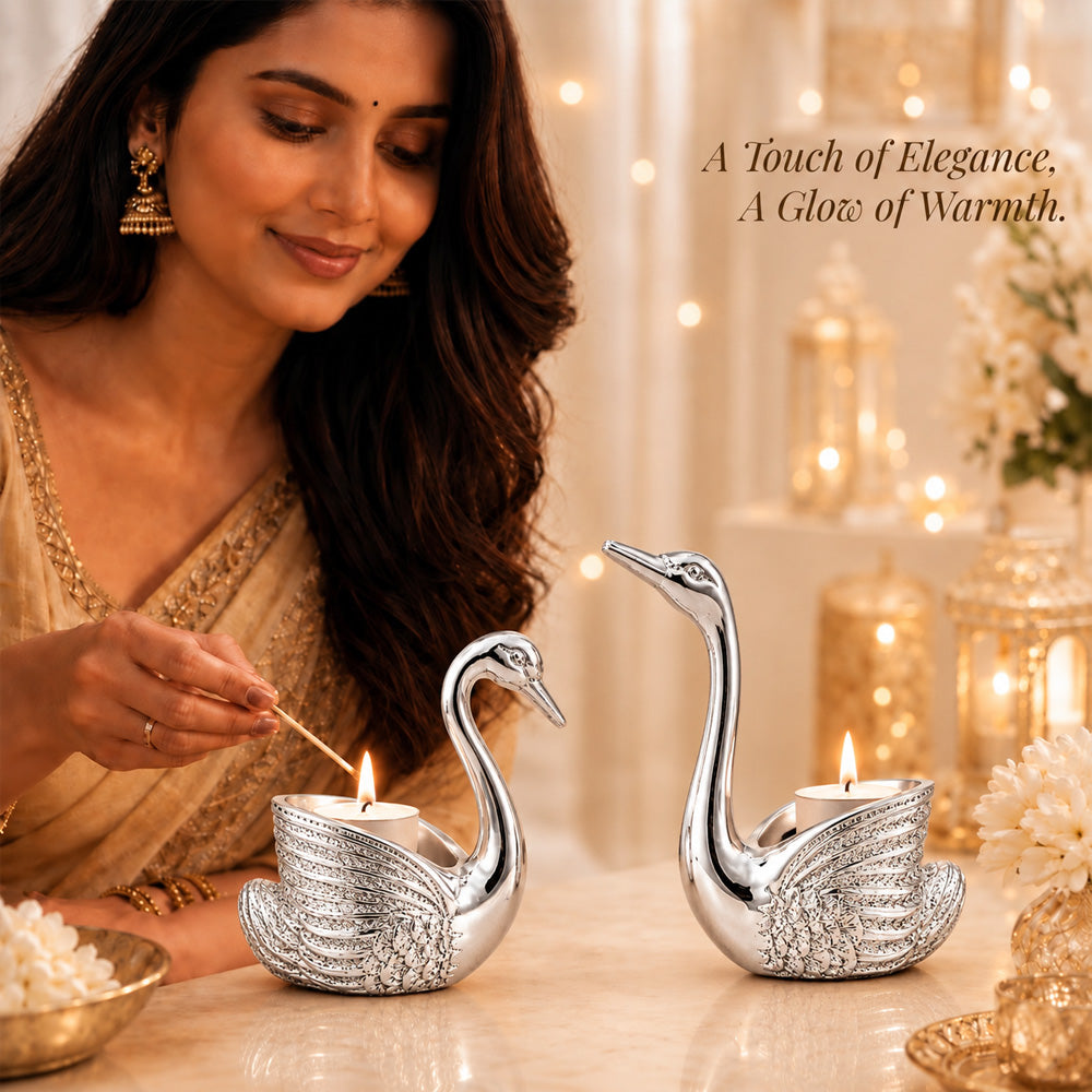 999 Silver-Plated Swan Candle Stand Pair | Premium Gift Box | 12x10 CM