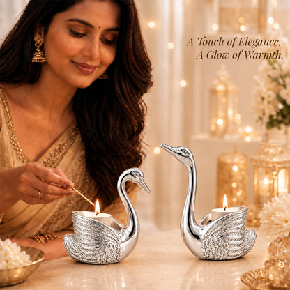 999 Silver-Plated Swan Candle Stand Pair | Premium Gift Box | 12x10 CM