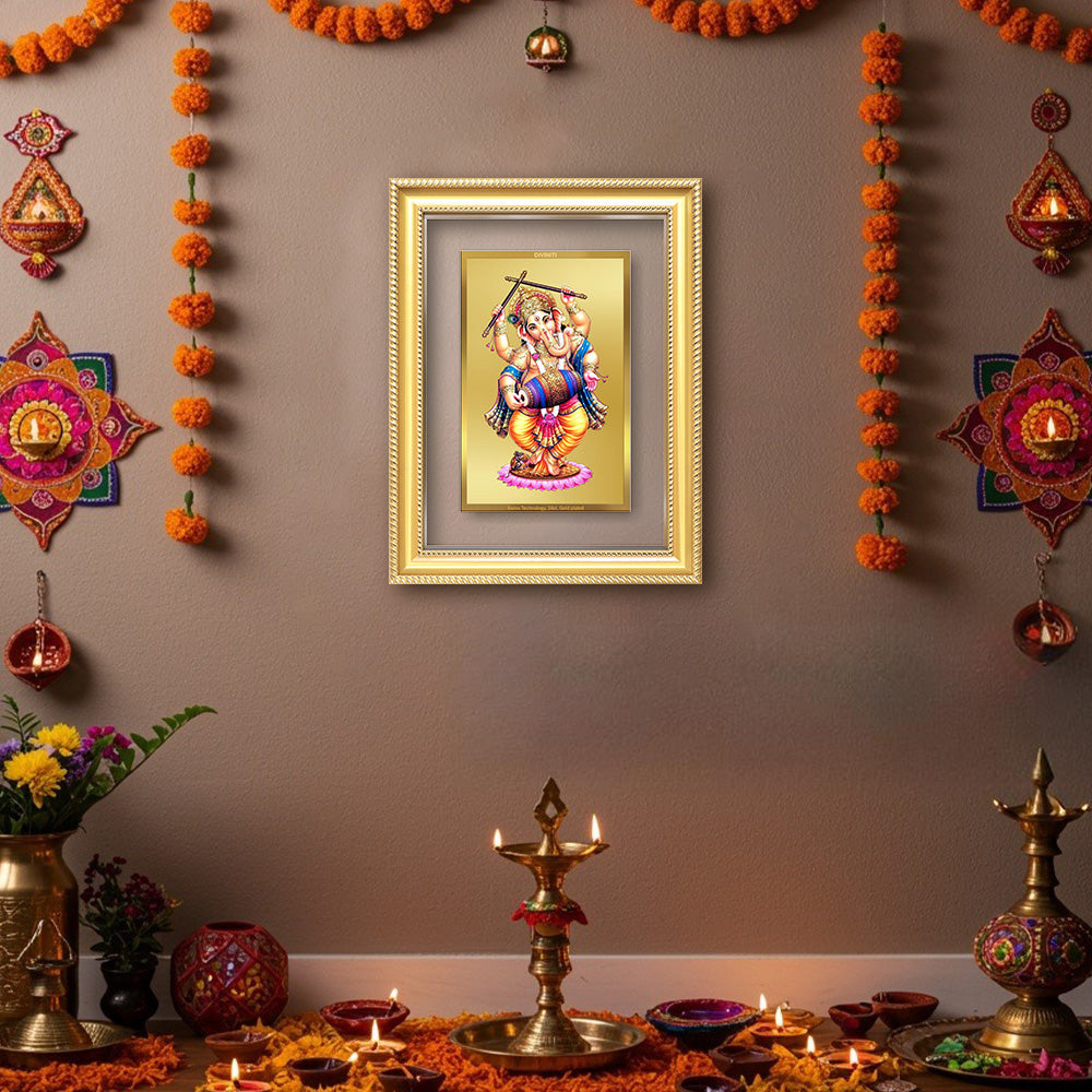 Diviniti 24K Gold Plated Dancing Ganesha (Classic) Divine Wall Frame for Home Mandir & Office Decor | Luxury Spiritual Gift