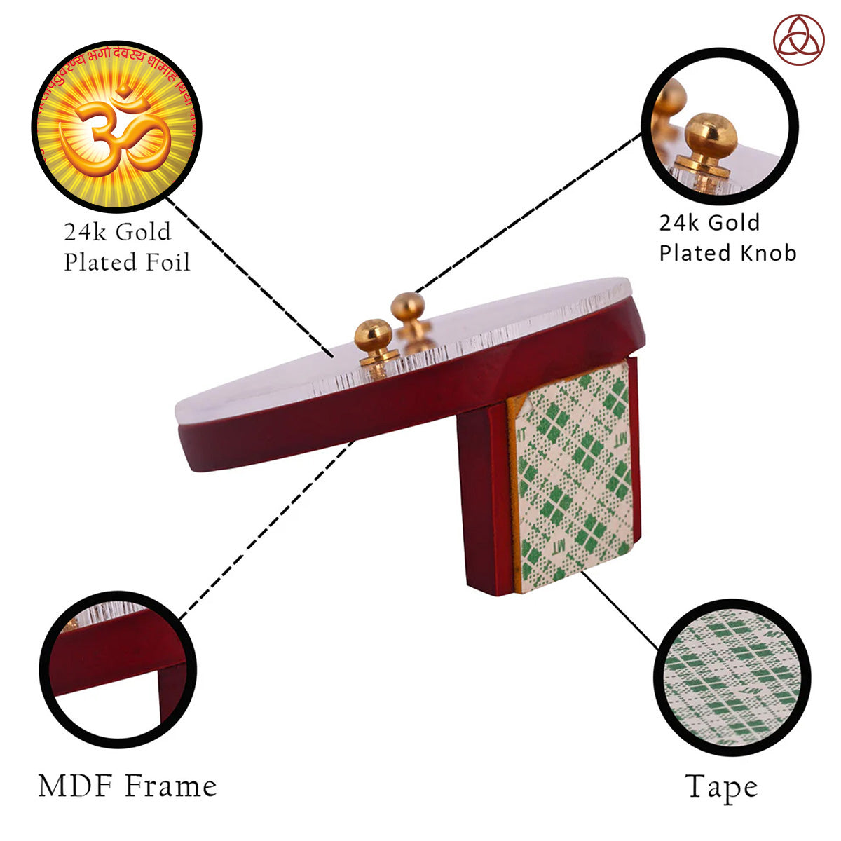Om & Gayatri Mantra Car Dashboard & Tabletop Photo Frame showcasing 24K gold plated foil and intricate MDF design.