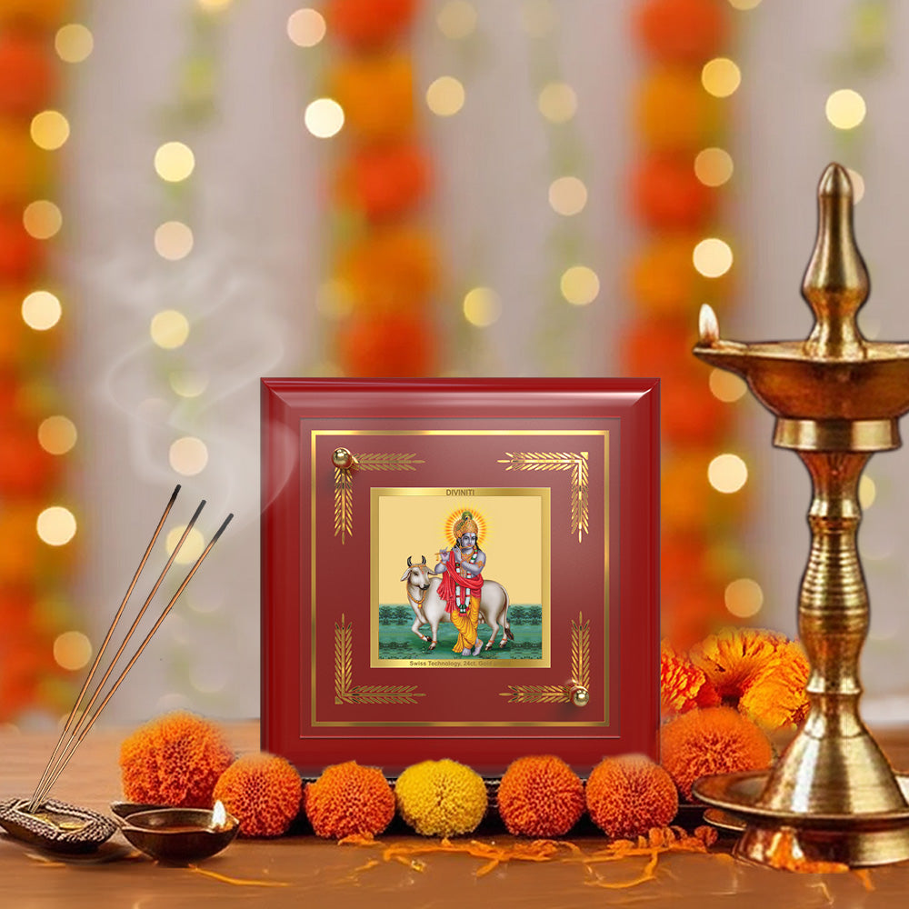 Krishna with Surbhi Cow | Divine Krishna 24K Gold Plated Photo Frame for Home Décor, Tabletop & Office | Blessings of Love, Peace & Prosperity (MDF1A)
