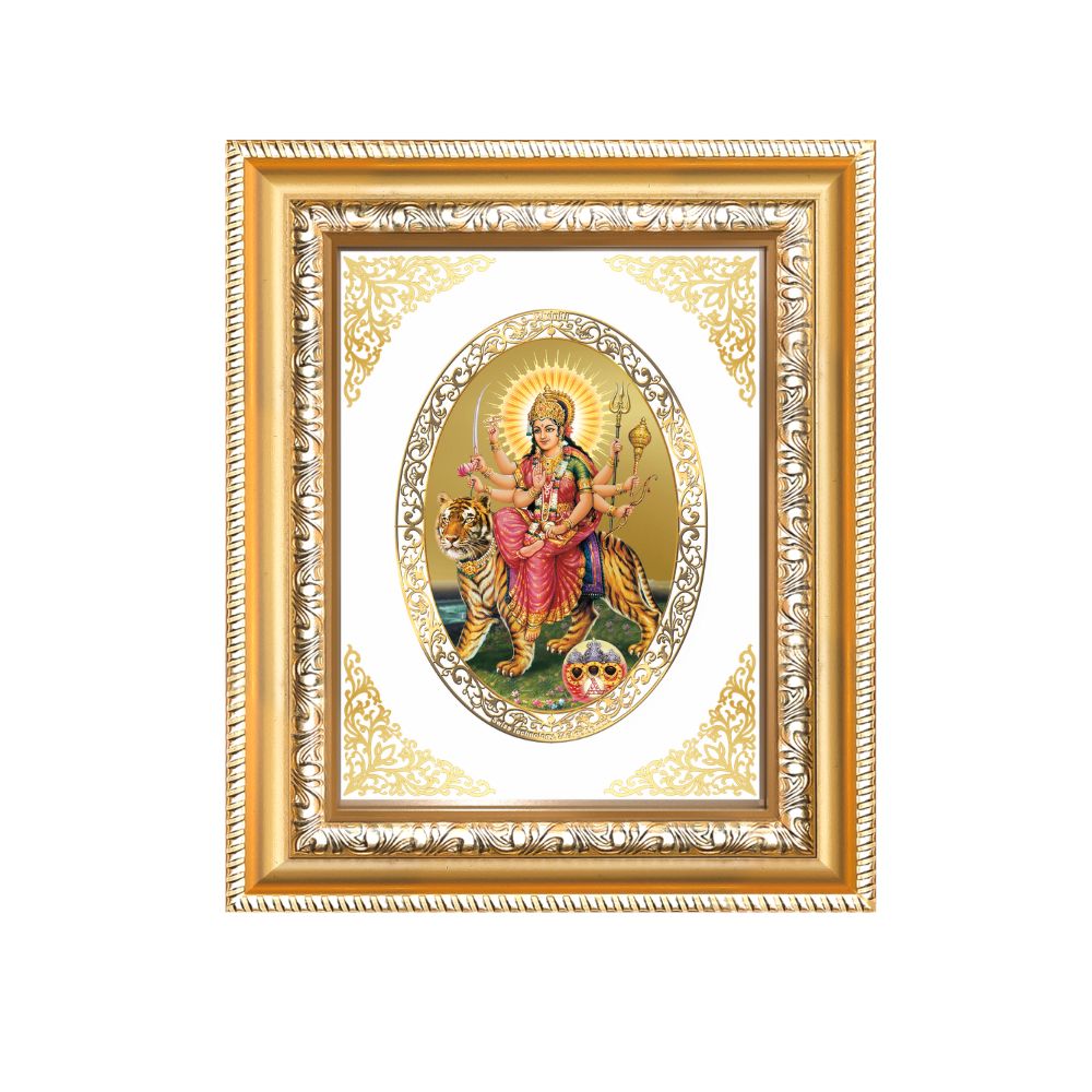Shera Wali Mata (Vaishno Devi) with Pind Divine Blessings Sacred Royal Tabletop Frame in 24K Gold Plated Foil