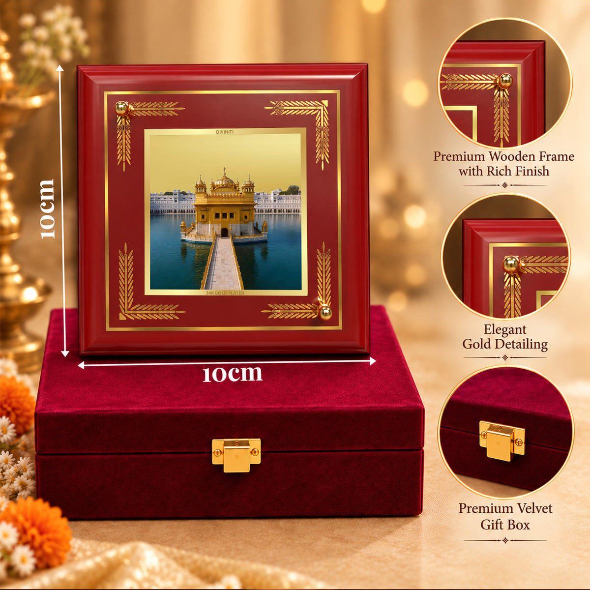 24K Gold-Plated Golden Temple MDF Frame | Premium Gift Box | 10x10 CM