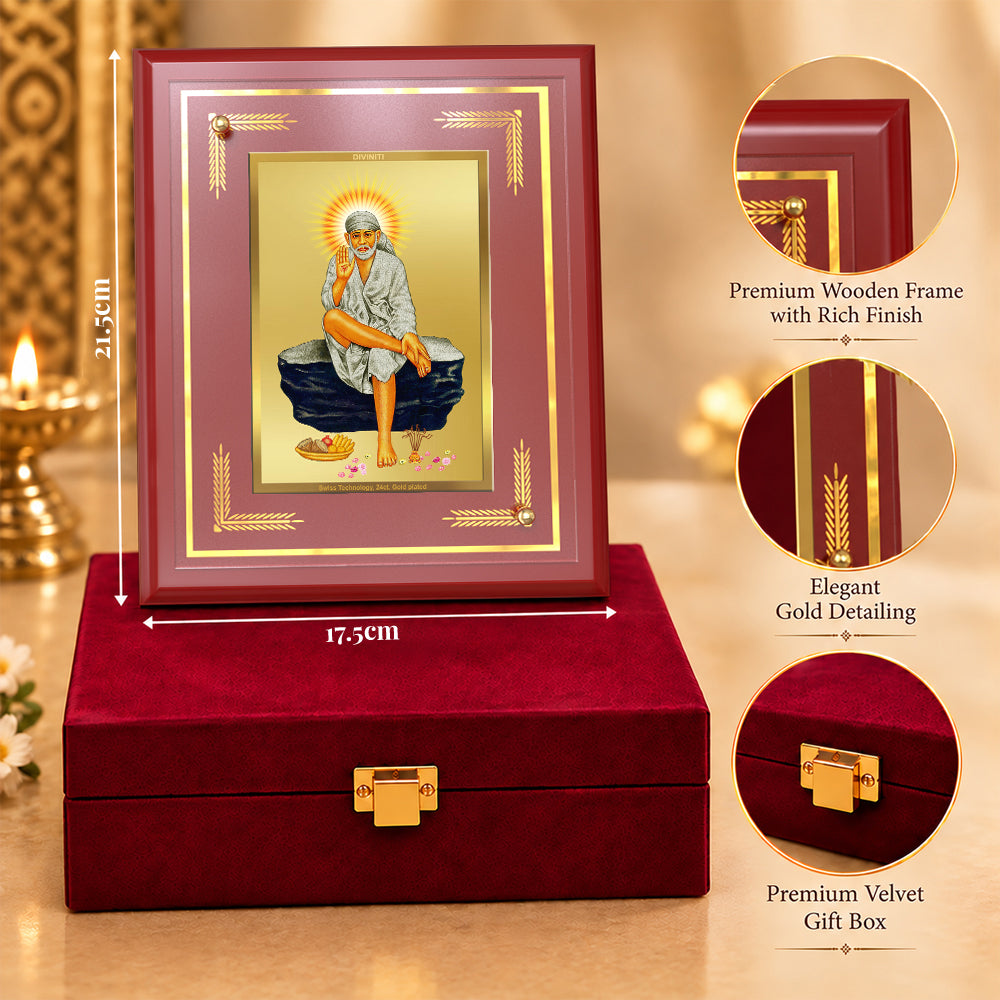 24K Gold-Plated Sai Baba MDF Frame | Premium Gift Box | 22 X 18 CM