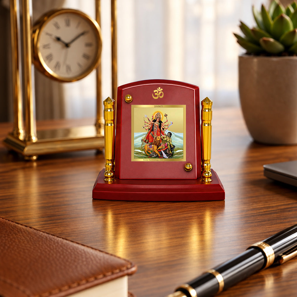 24K Gold-Plated Durga Mahishasura Mardini MDF Car Dashboard Frame | 7.5x9 CM