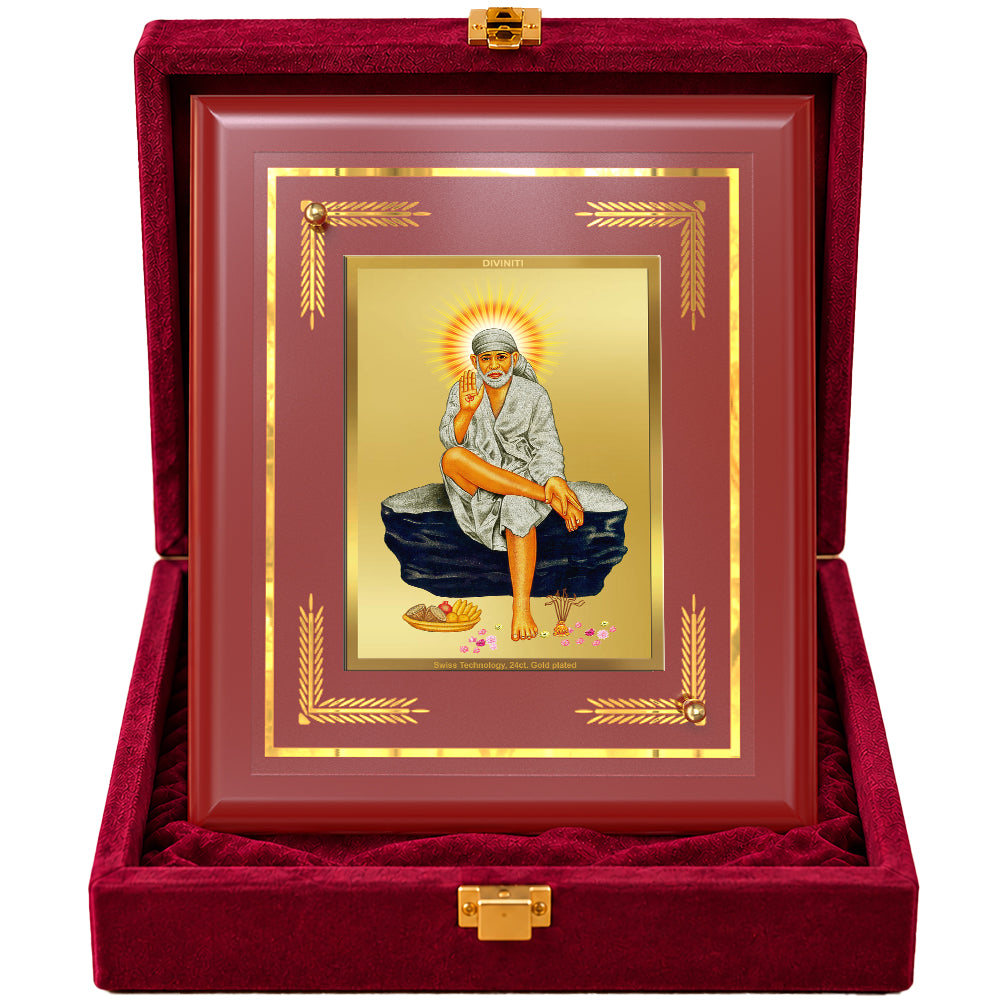 24K Gold-Plated Sai Baba MDF Frame | Premium Gift Box | 13.5x16 CM