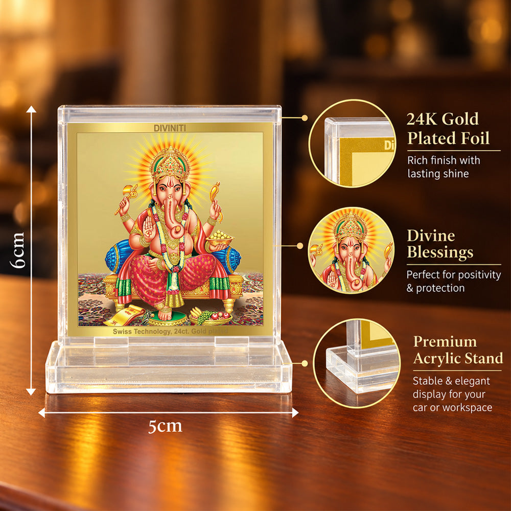 24K Gold-Plated Lord Ganesha Acrylic Car Dashboard Frame | 6x5 CM