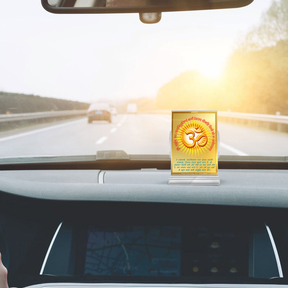 Om With Gayatri Mantra | Sacred Spiritual Car Dashboard & Tabletop Photo Frame in 24K Gold Plated Foil (ACF3)