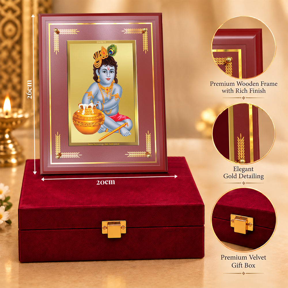 24K Gold-Plated Krishna Bal Gopal MDF Frame | Premium Gift Box | 26x20 CM