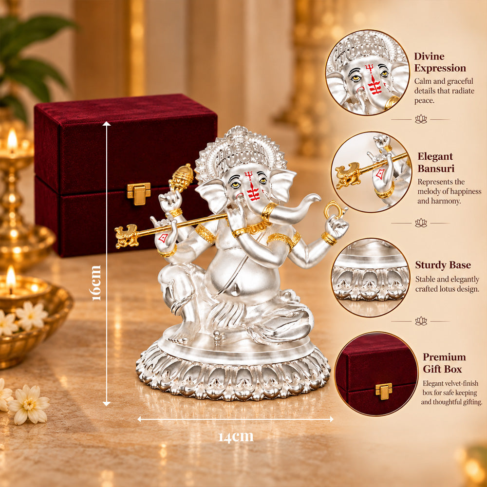 999 Silver-Plated Dual-Tone Bansuri Ganesha Idol | Premium Gift Box | 16x14 CM