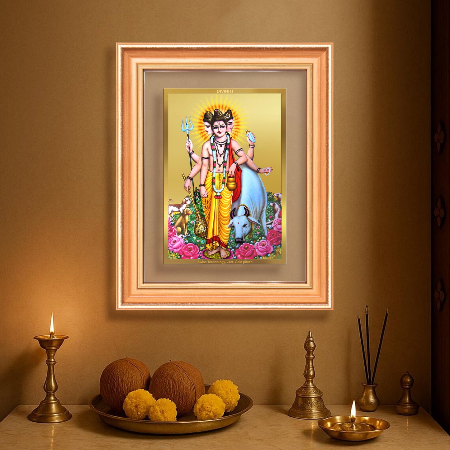 Dattatreya with Kamadhenu | Shri Dattatreya Wall Mount Photo Frame in 24K Gold Plated Foil
