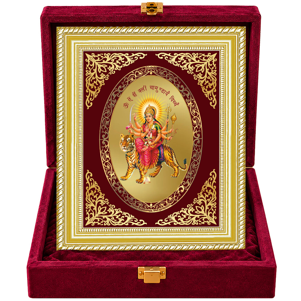 24K Gold-Plated Durga with Mantra Frame | Premium Gift Box | 26x20 CM