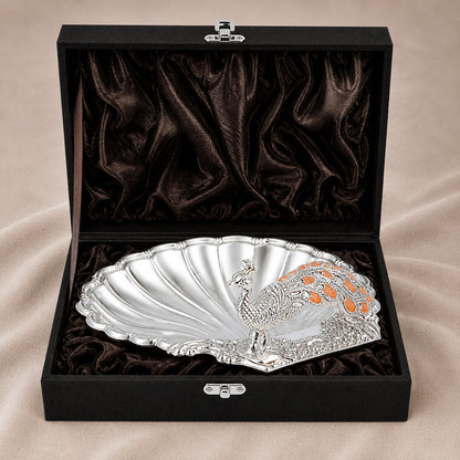 Diviniti Amber Peacock German Silver Dry Fruit Bowl in black gift box, featuring intricate peacock design and amber detailing.
