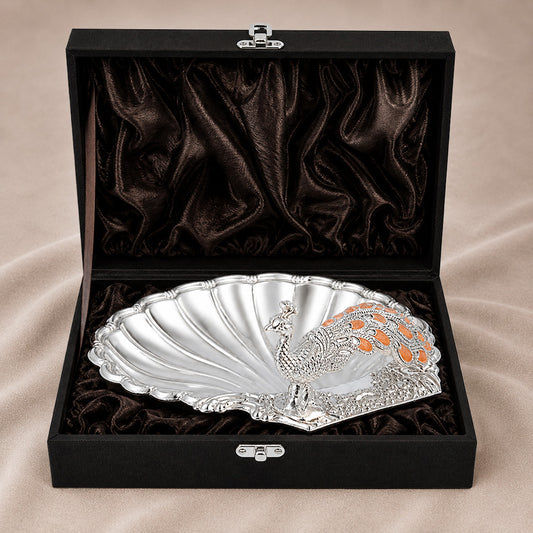 Diviniti Amber Peacock German Silver Dry Fruit Bowl in black gift box, featuring intricate peacock design and amber detailing.