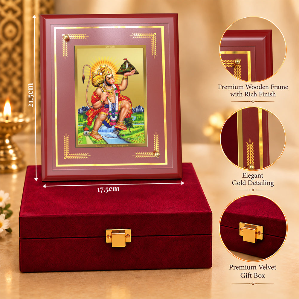 24K Gold-Plated Hanuman with Sanjeevani Mountain MDF Frame | Gift Box | 22 x18 CM