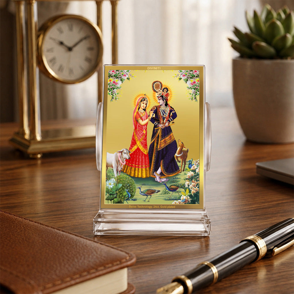 24K Gold-Plated Radha Krishna with Cow Acrylic Car Dashboard Frame | 11x7 CM