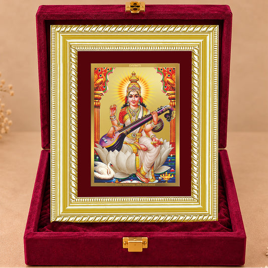 24K Gold-Plated Goddess Saraswati Frame | Premium Gift Box | 21.5x17.5 CM