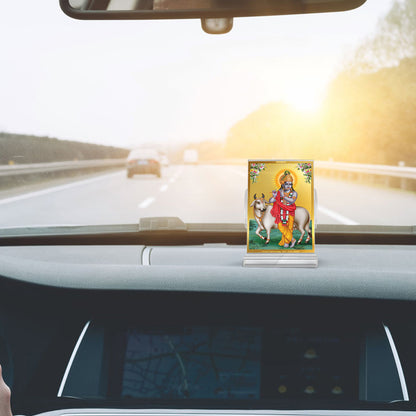 Krishna with Surbhi Cow | Divine Lord Krishna Car Dashboard & Tabletop Photo Frame in 24K Gold Plated Foil