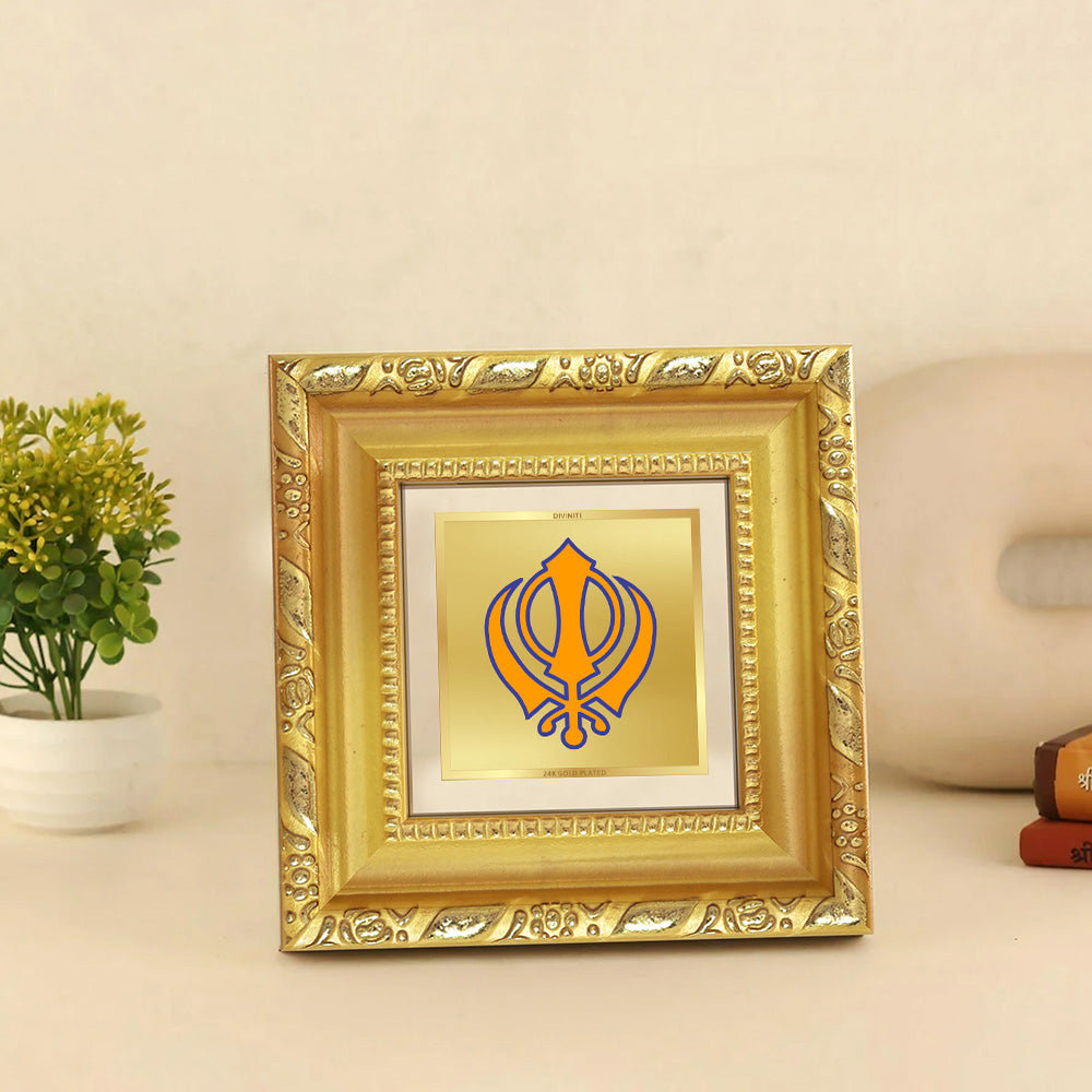 Diviniti Khanda Sahib Tabletop Photo Frame in 24K Gold Plated Foil | Faith, Courage & Divine Protection | DG103S1A (10x10 CM)