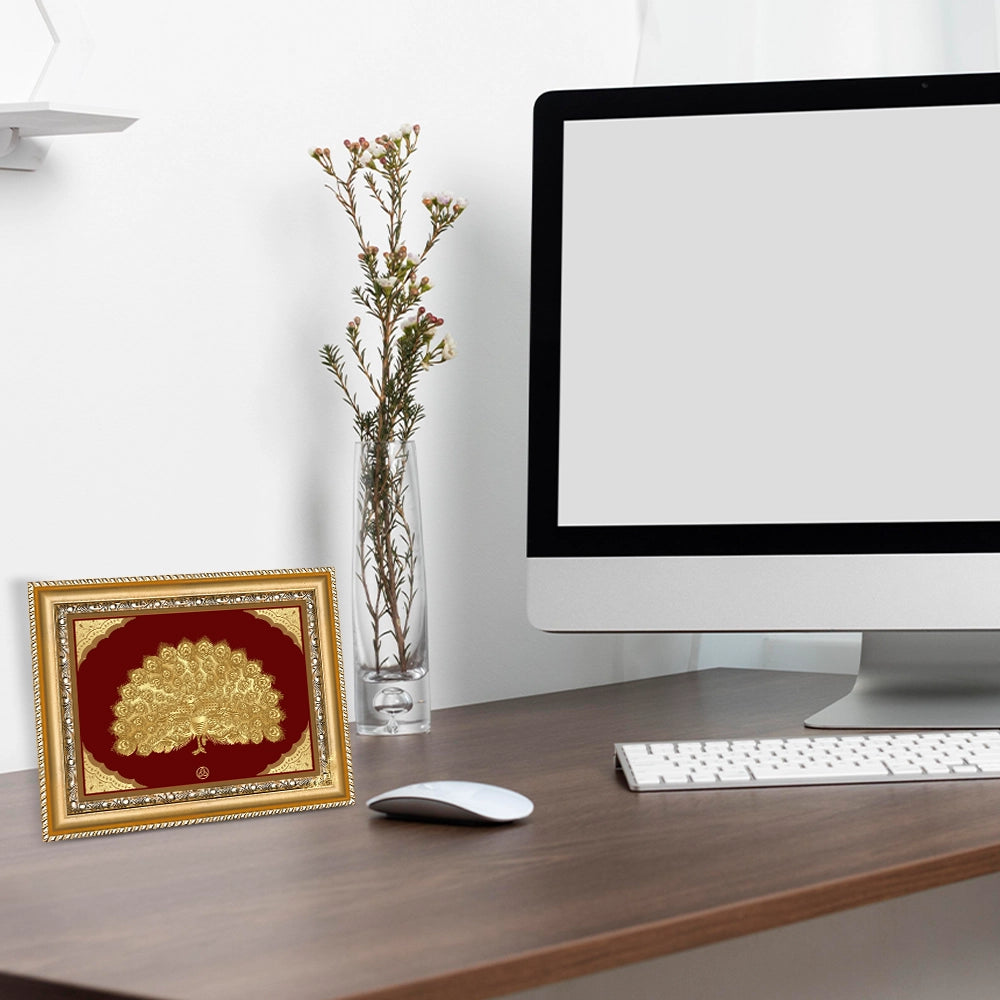Peacock Gold on Gold Wall Hanging Frame in 24K Foil displayed on wooden shelf