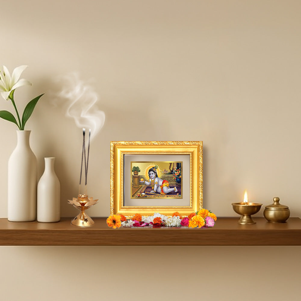 Diviniti 24K Gold Plated Laddu Gopal |Divine Table Top Frame for Home Mandir & Office Decor | Luxury Spiritual Gift