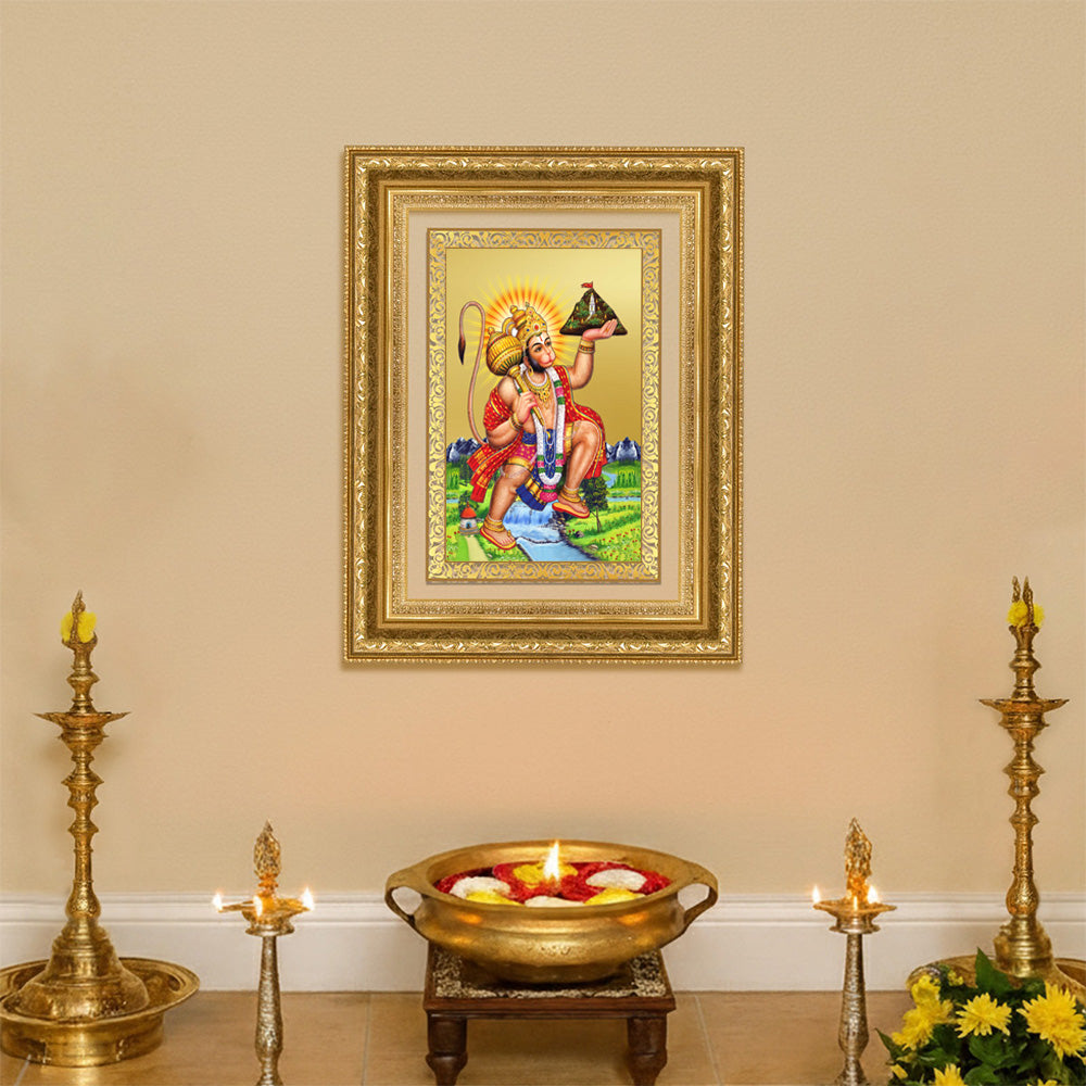 Diviniti 24K Gold Plated Hanuman With Mountain (Classic) Divine Wall Frame for Home Mandir & Office Decor | Luxury Spiritual Gift
