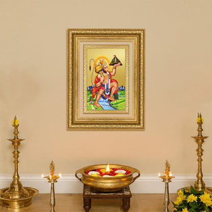 Diviniti 24K Gold Plated Hanuman With Mountain (Classic) Divine Wall Frame for Home Mandir & Office Decor | Luxury Spiritual Gift