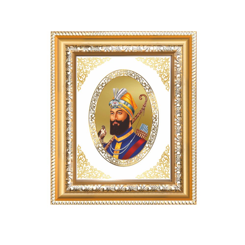 Guru Gobind Singh Ji Divine Sikh Guru Warrior Sacred Royal Tabletop Frame in 24K Gold Plated Foil