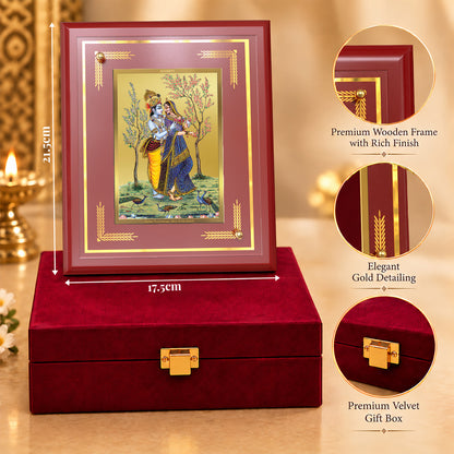 24K Gold-Plated Radha Krishna with Cow MDF Frame | Premium Gift Box | 22 X 18 CM