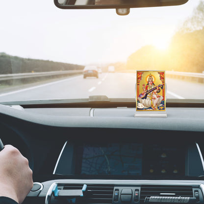 Goddess Saraswati Mata | Spiritual Car Dashboard & Tabletop Frame in 24K Gold Plated Foil