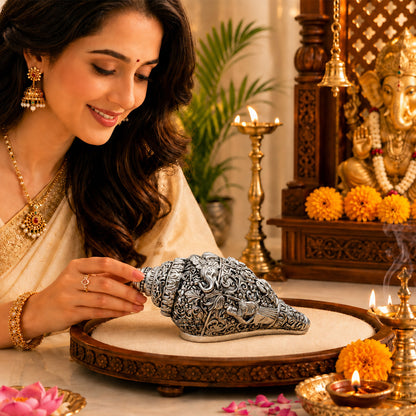 999 Silver-Plated Antique Ganesha Shankh | Premium Gift Box | 14x8 CM