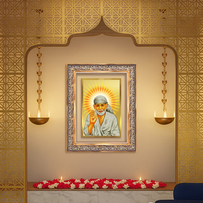 Diviniti 24K Gold Plated Sai Baba With Blessings (Classic) Divine Wall Frame for Home Mandir & Office Decor | Luxury Spiritual Gift