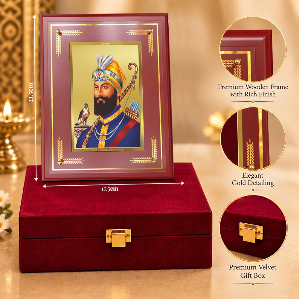 24K Gold-Plated Guru Gobind Singh Ji MDF Frame | Premium Gift Box | 17.5x21.5 CM