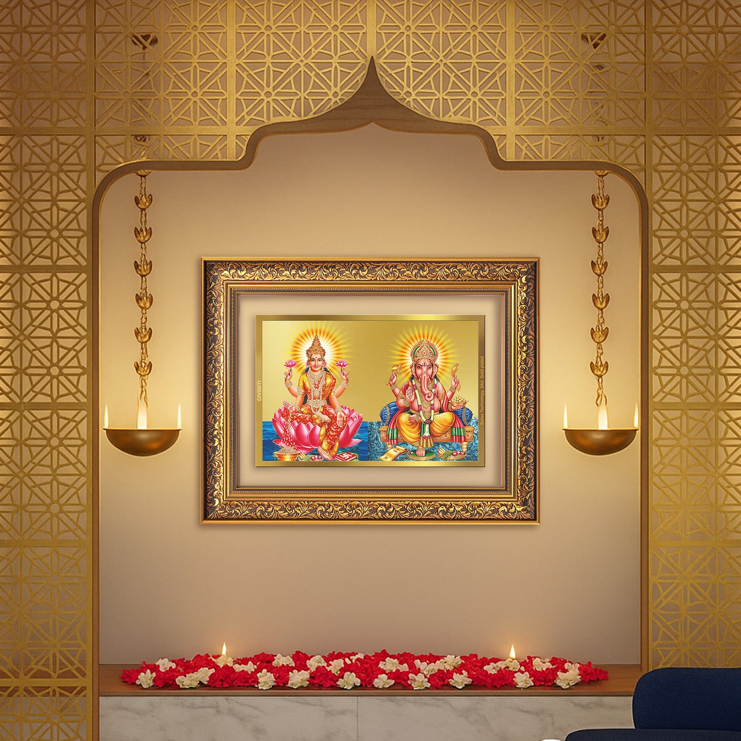 Diviniti 24K Gold Plated Lakshmi Ganesha (Classic) Divine Wall Frame for Home Mandir & Office Decor | Luxury Spiritual Gift