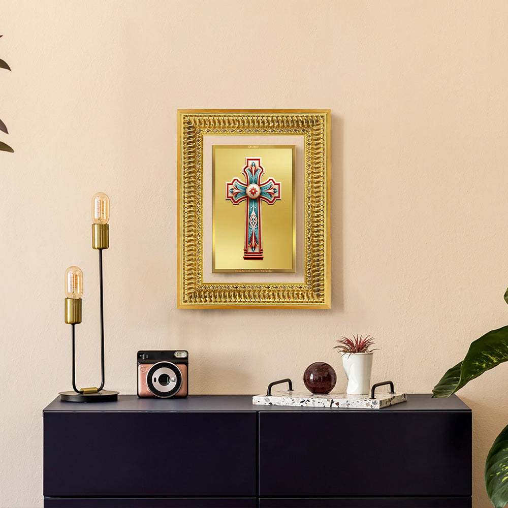 Diviniti 24K Gold Plated Holy Cross (Classic) Divine Wall Frame for Home Mandir & Office Decor | Luxury Spiritual Gift