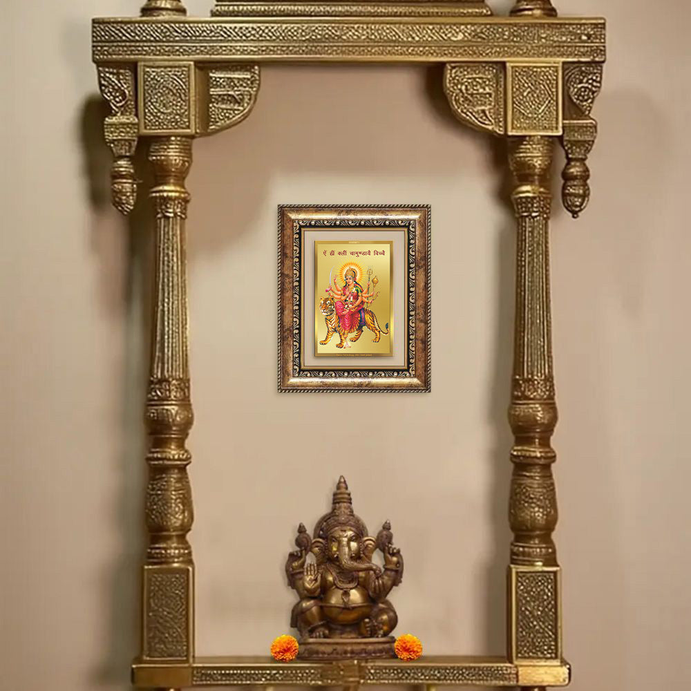 Diviniti 24K Gold Plated Durga With Mantra (Classic) Divine Wall and Table Top Frame for Home Mandir & Office Decor | Luxury Spiritual Gift