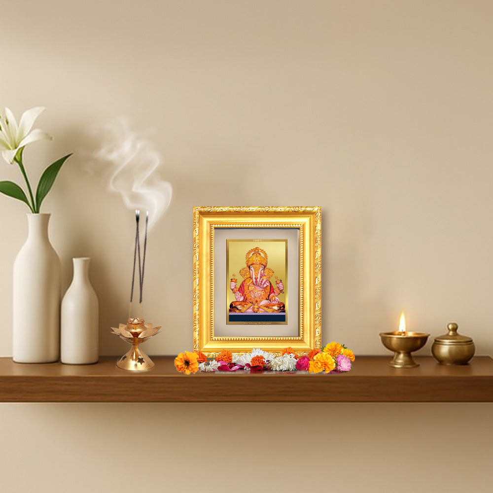 DIVINITI 24K Gold Plated Foil Dagdu Ganesha Photo Frame for Home Decor, Prosperity, Luck DG 103 Size 1 (15.3x14.9 CM)