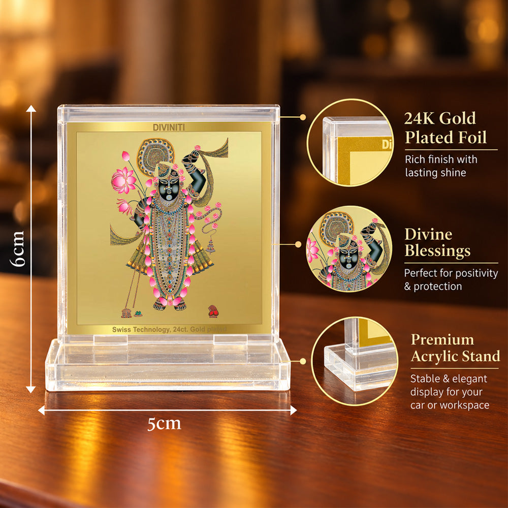 24K Gold-Plated Lord Shrinath Ji Acrylic Car Dashboard Frame | 6x5 CM