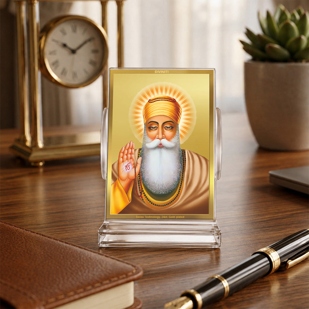 24K Gold-Plated Guru Nanak Dev Ji Acrylic Car Dashboard Frame | 11x7 CM