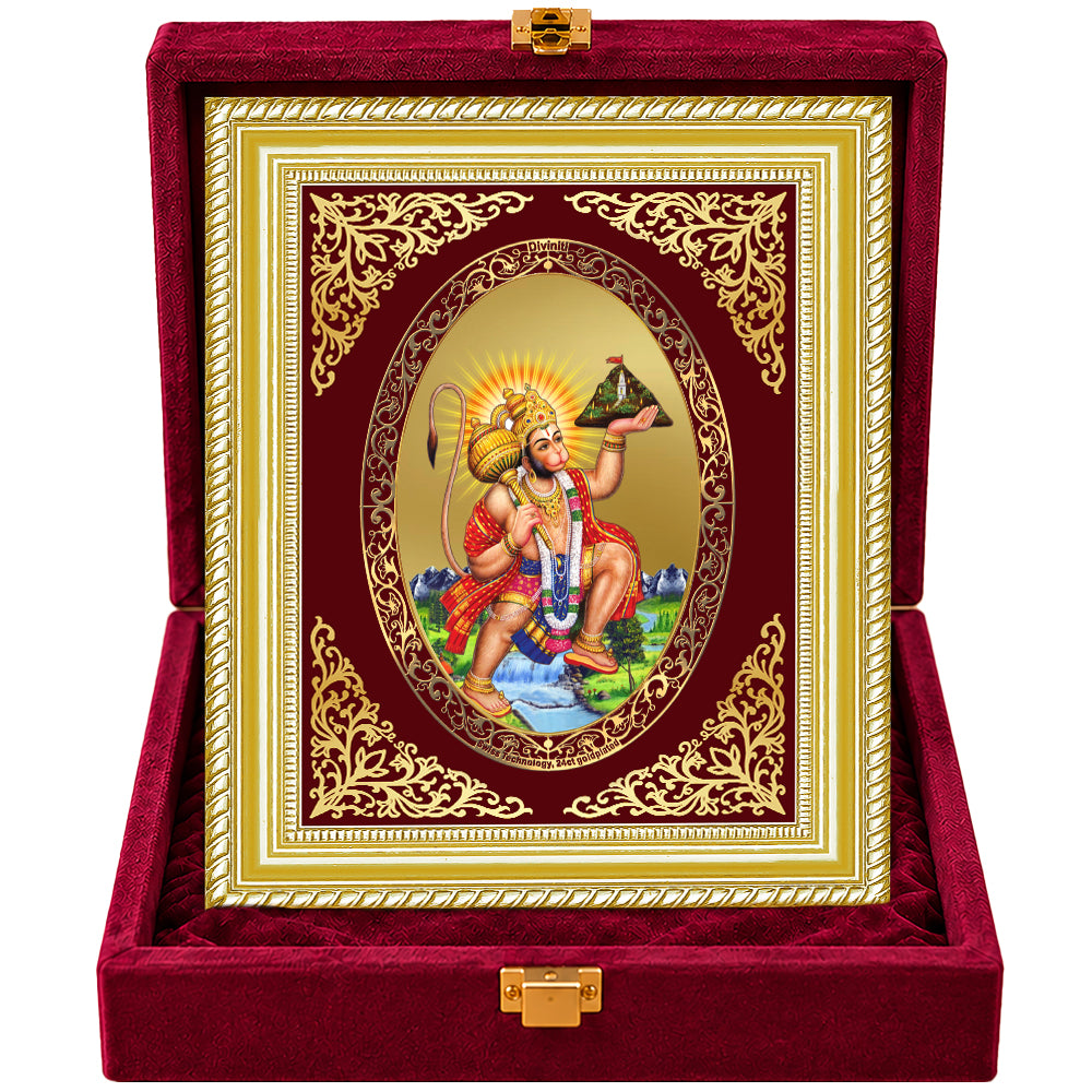 24K Gold-Plated Hanuman with Sanjeevani Mountain Frame | Premium Gift Box | 26x20 CM
