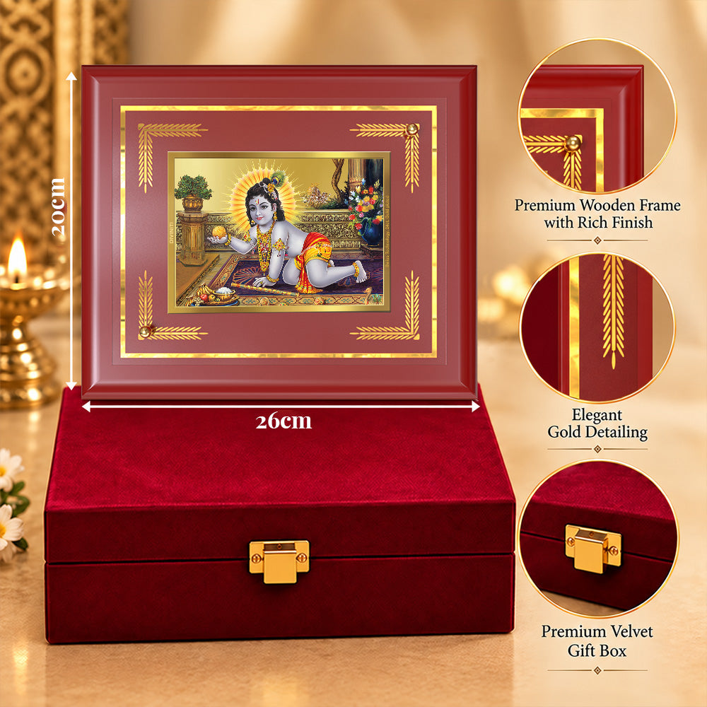 24K Gold-Plated Laddu Gopal MDF Frame | Premium Gift Box | 26x20 CM